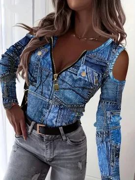 Faux Denim Cold Shoulder TShirt Stylish Zipper Tee for Women