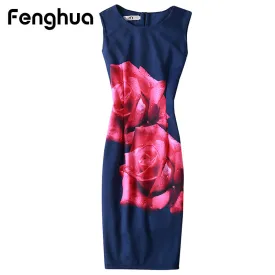 Fenghua Summer Dress Women 2017 Party Elegant Sexy Slim Casual Dresses Floral Vintage Office Bodycon Dress Plus Size 3XL 4XL