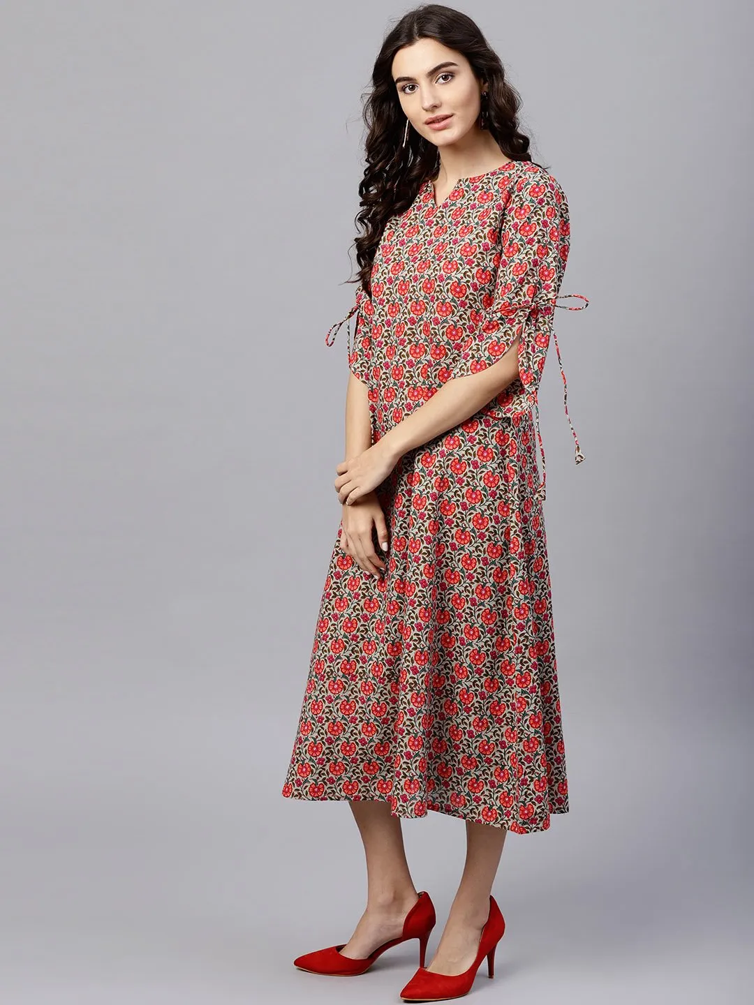 Floral Multi Printed A-Line Kurta With Keyhole Neck And 3/4 Sleeves