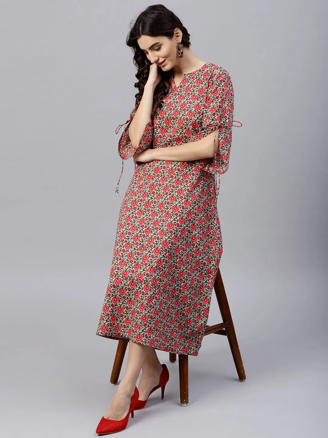 Floral Multi Printed A-Line Kurta With Keyhole Neck And 3/4 Sleeves