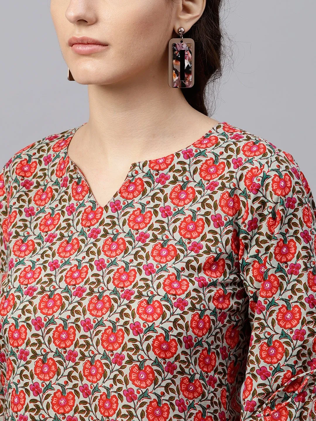 Floral Multi Printed A-Line Kurta With Keyhole Neck And 3/4 Sleeves