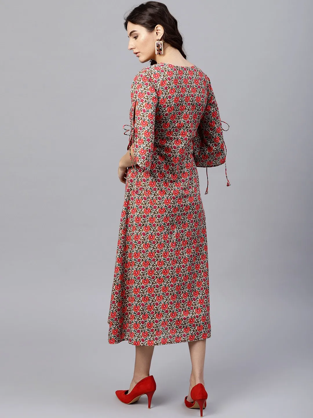 Floral Multi Printed A-Line Kurta With Keyhole Neck And 3/4 Sleeves