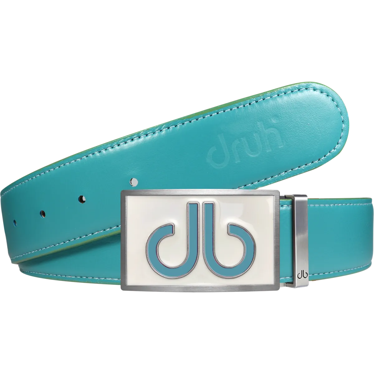 Full Grain Leather Belt in Aqua with White & Aqua Double Infill Buckle