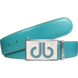 Full Grain Leather Belt in Aqua with White & Aqua Double Infill Buckle