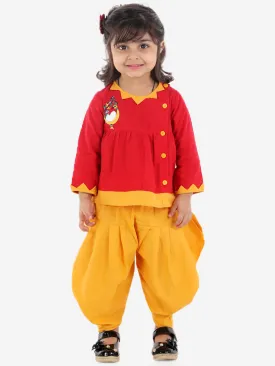 Girls Cotton Mor Embroidery Top Dhoti Indo Western Clothing Sets- Red