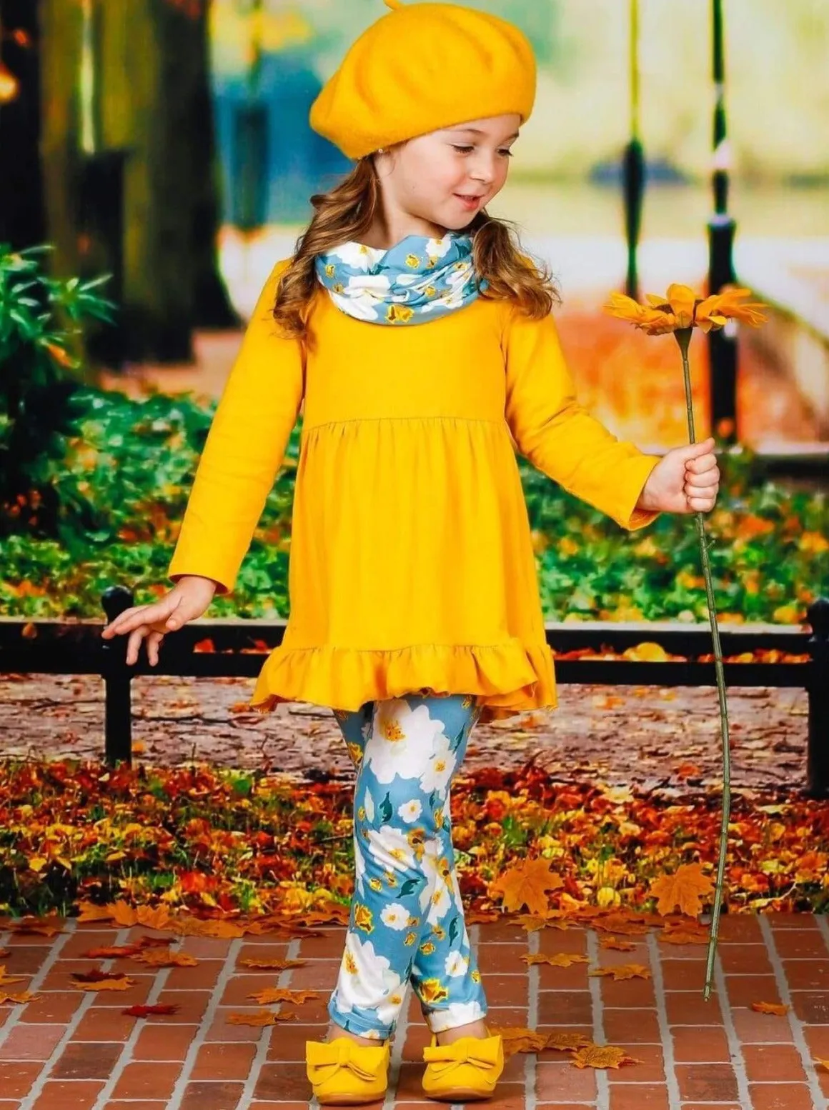 Girls Long Sleeve Ruffled Yellow Tunic, Floral Leggings And Scarf Set