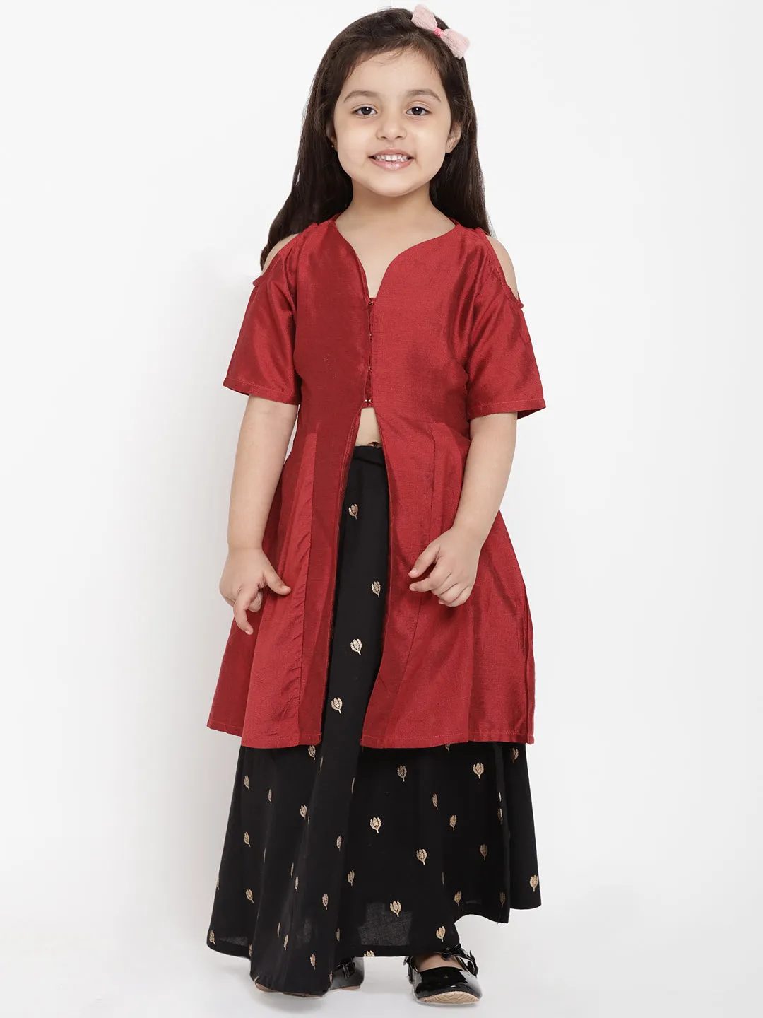 Girls Maroon & Black Solid Top With Skirt