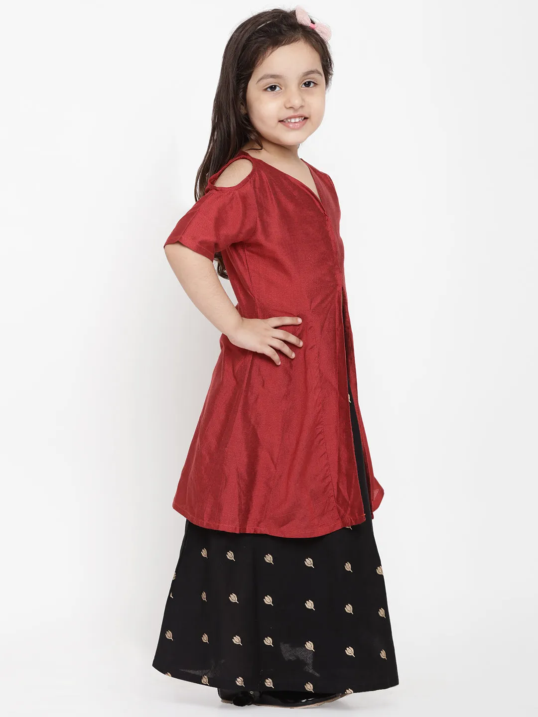 Girls Maroon & Black Solid Top With Skirt