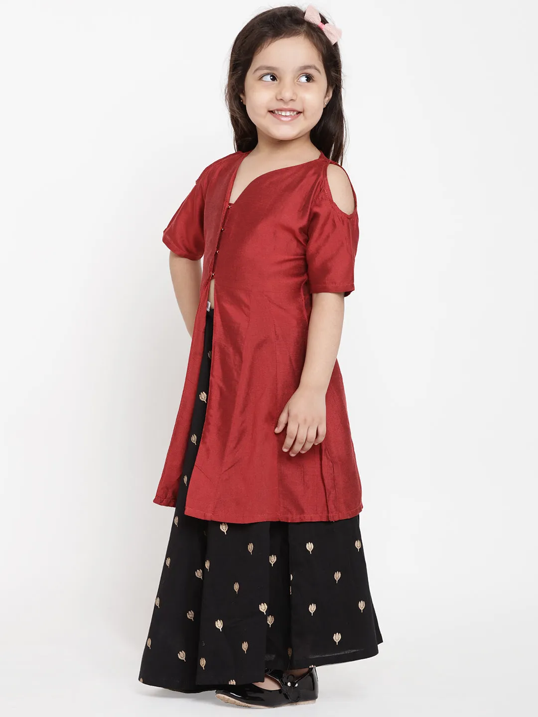 Girls Maroon & Black Solid Top With Skirt