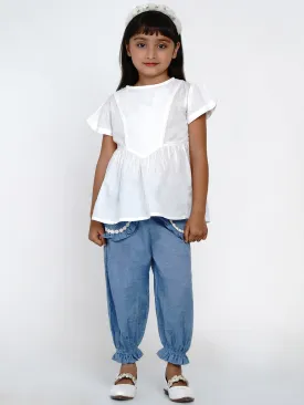 Girls Off-White & Blue Solid Top With Trousers