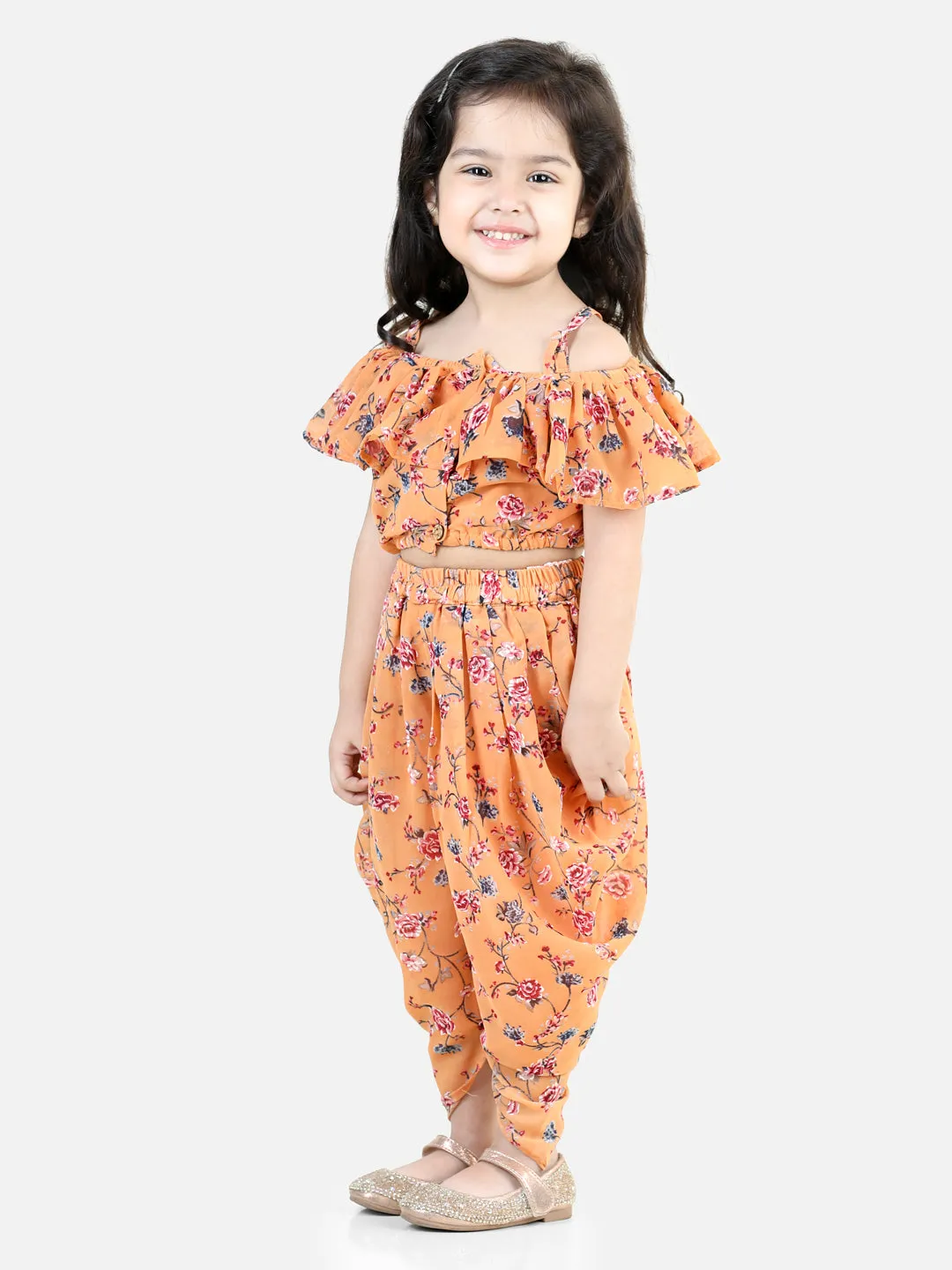 Girls Printed Ruffle Georgette Top With Dhoti Co Orders Clothing Sets- Orange