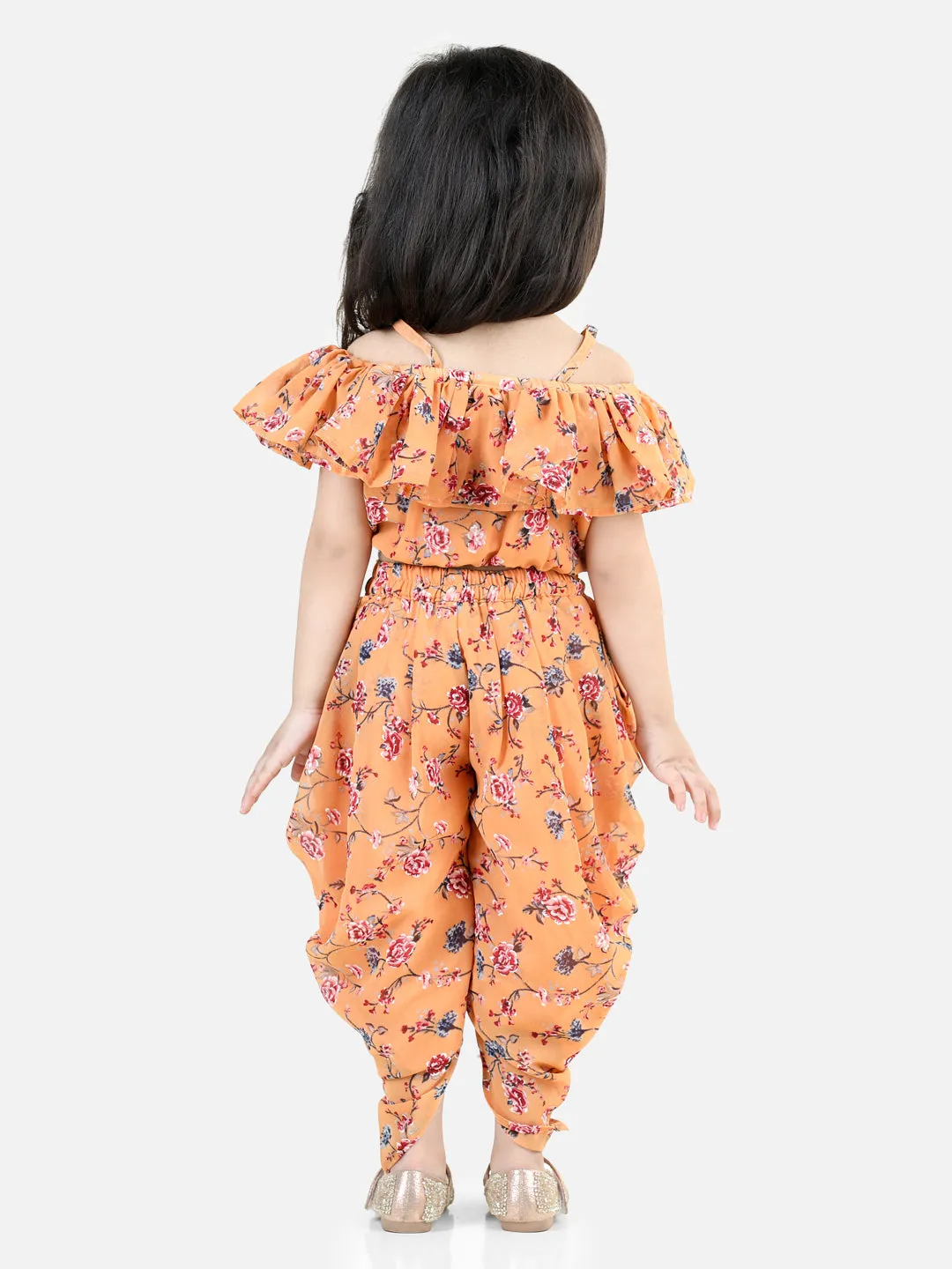 Girls Printed Ruffle Georgette Top With Dhoti Co Orders Clothing Sets- Orange