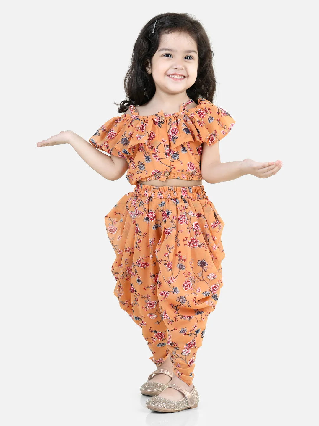 Girls Printed Ruffle Georgette Top With Dhoti Co Orders Clothing Sets- Orange