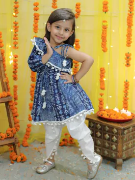 Girls Pure Cotton Printed One Sleeve Ruffle Kurti with Dhoti- Indo Western Clothing Sets Blue