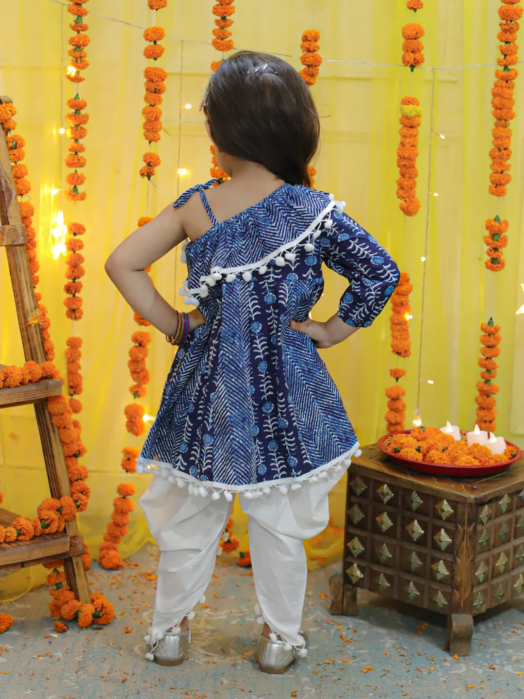 Girls Pure Cotton Printed One Sleeve Ruffle Kurti with Dhoti- Indo Western Clothing Sets Blue