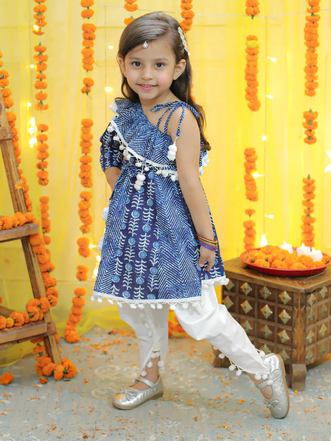 Girls Pure Cotton Printed One Sleeve Ruffle Kurti with Dhoti- Indo Western Clothing Sets Blue