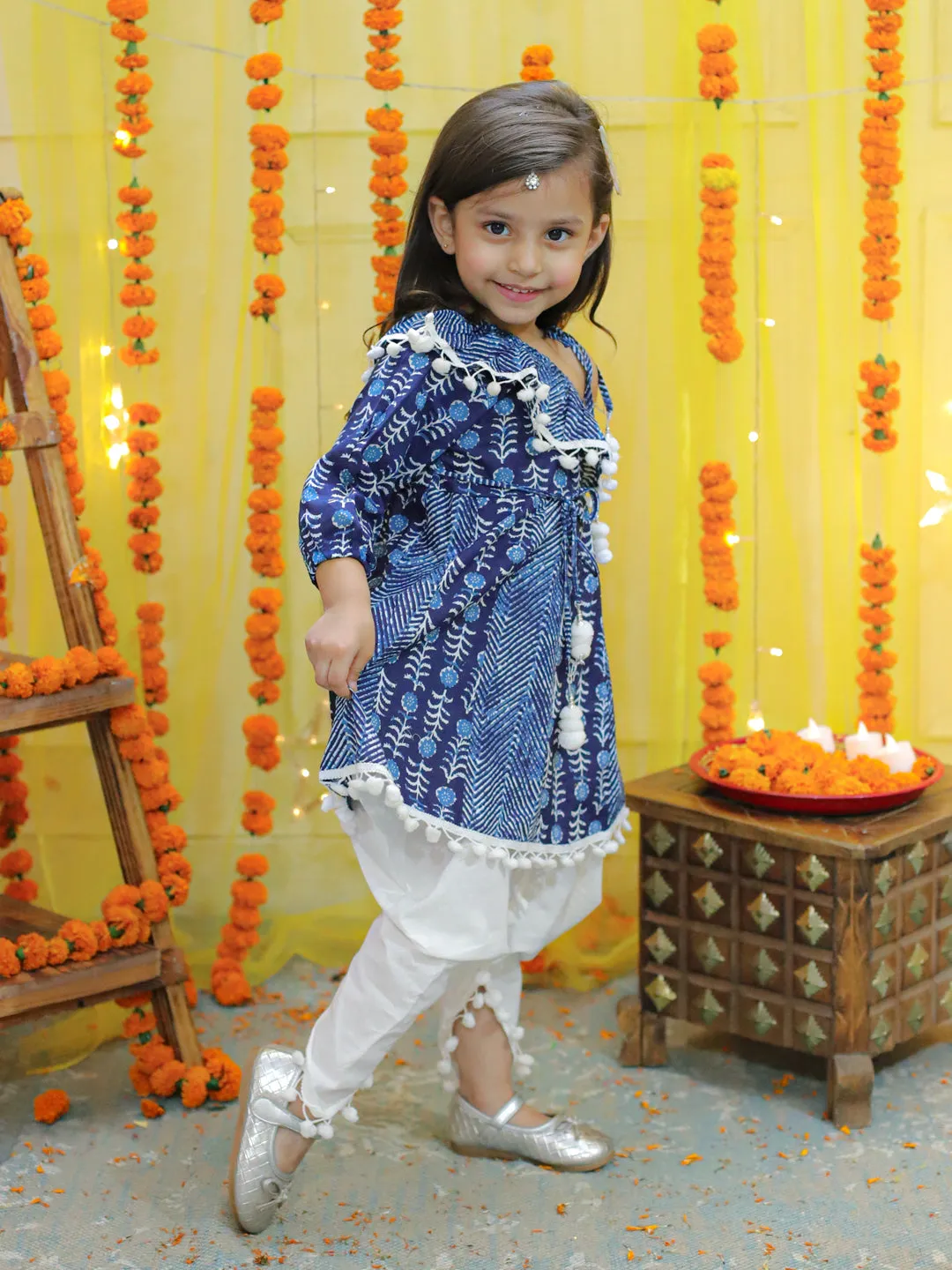 Girls Pure Cotton Printed One Sleeve Ruffle Kurti with Dhoti- Indo Western Clothing Sets Blue