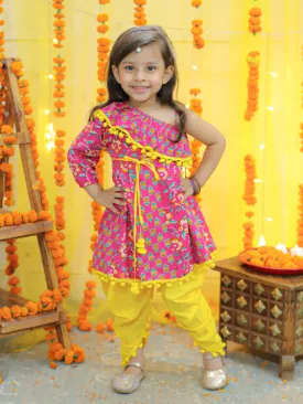 Girls Pure Cotton Printed One Sleeve Ruffle Kurti with Dhoti- Indo Western Clothing Sets Pink