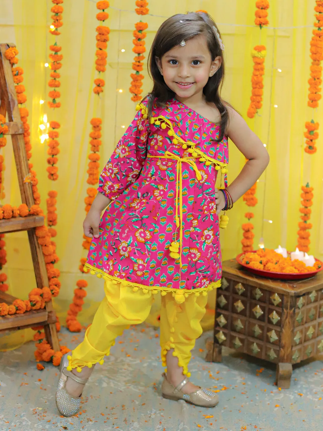 Girls Pure Cotton Printed One Sleeve Ruffle Kurti with Dhoti- Indo Western Clothing Sets Pink