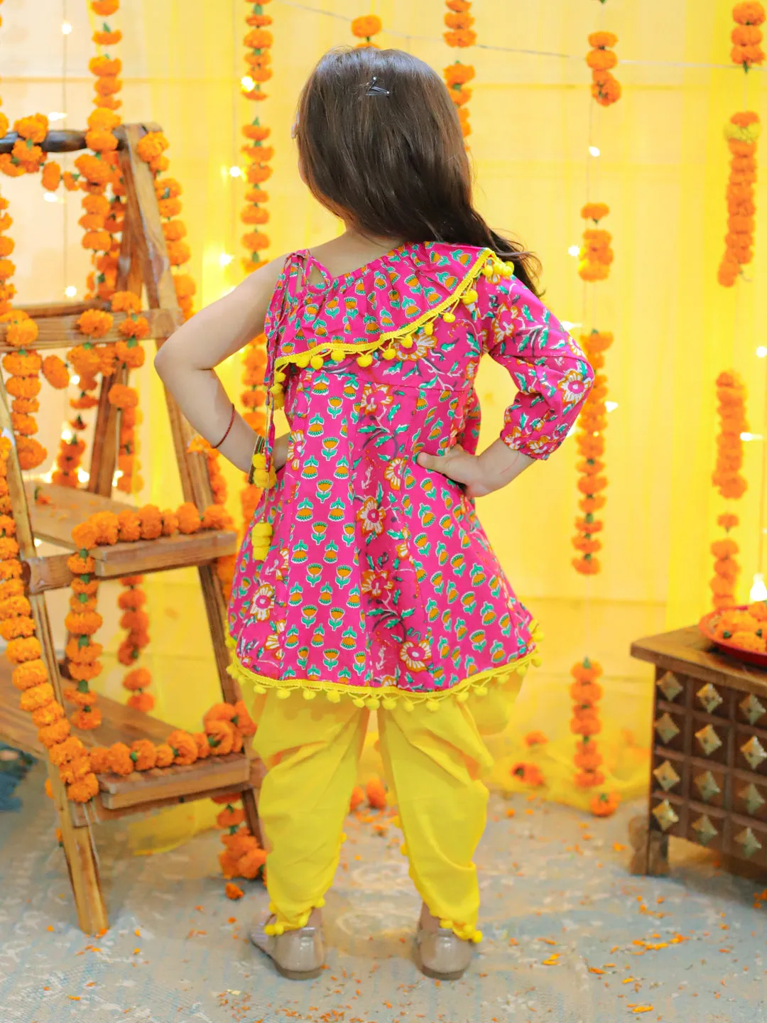 Girls Pure Cotton Printed One Sleeve Ruffle Kurti with Dhoti- Indo Western Clothing Sets Pink