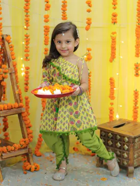 Girls Pure Cotton Printed One Sleeve Ruffle Kurti with Dhoti- Indo Western Clothing Sets Yellow