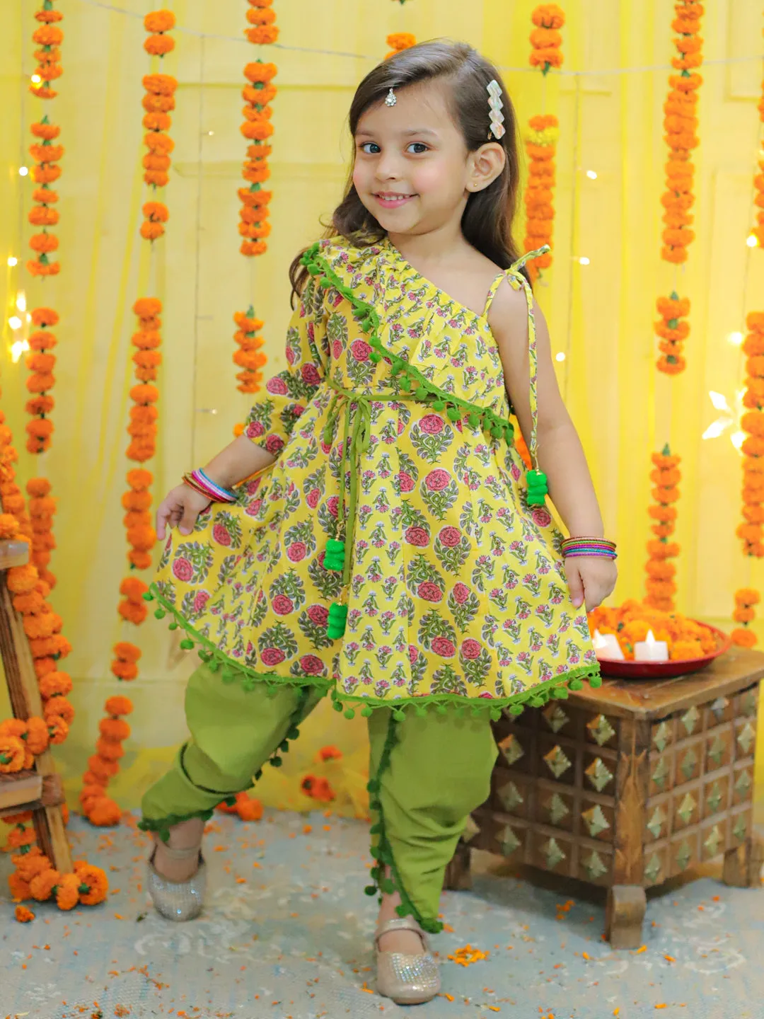 Girls Pure Cotton Printed One Sleeve Ruffle Kurti with Dhoti- Indo Western Clothing Sets Yellow