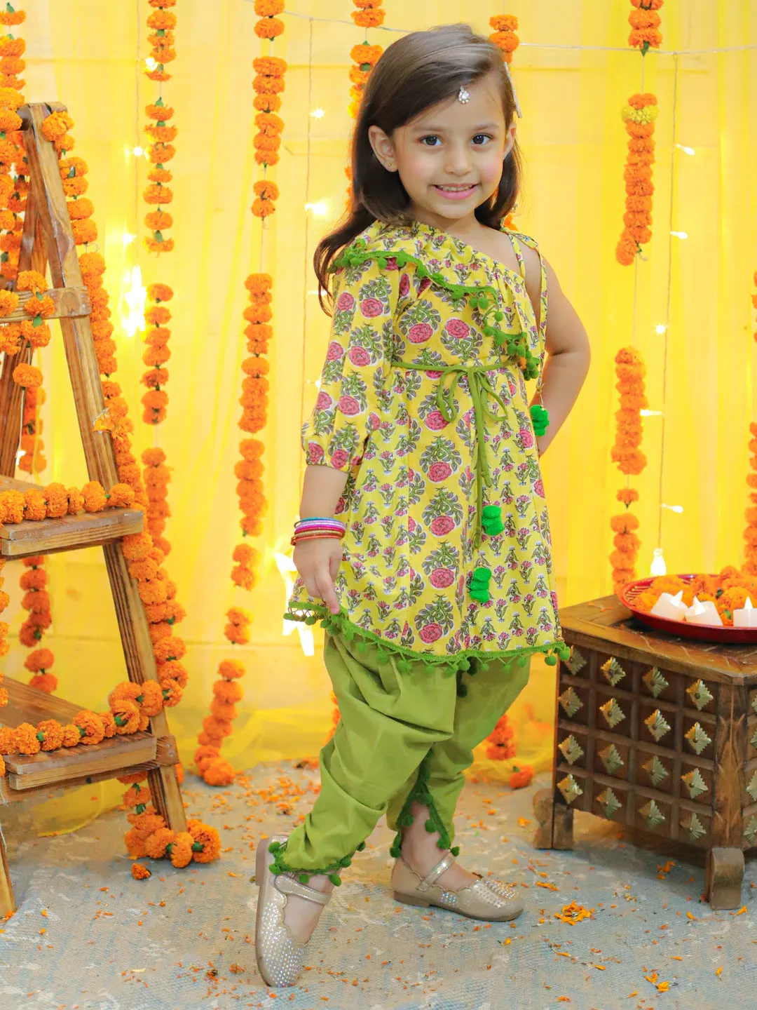 Girls Pure Cotton Printed One Sleeve Ruffle Kurti with Dhoti- Indo Western Clothing Sets Yellow