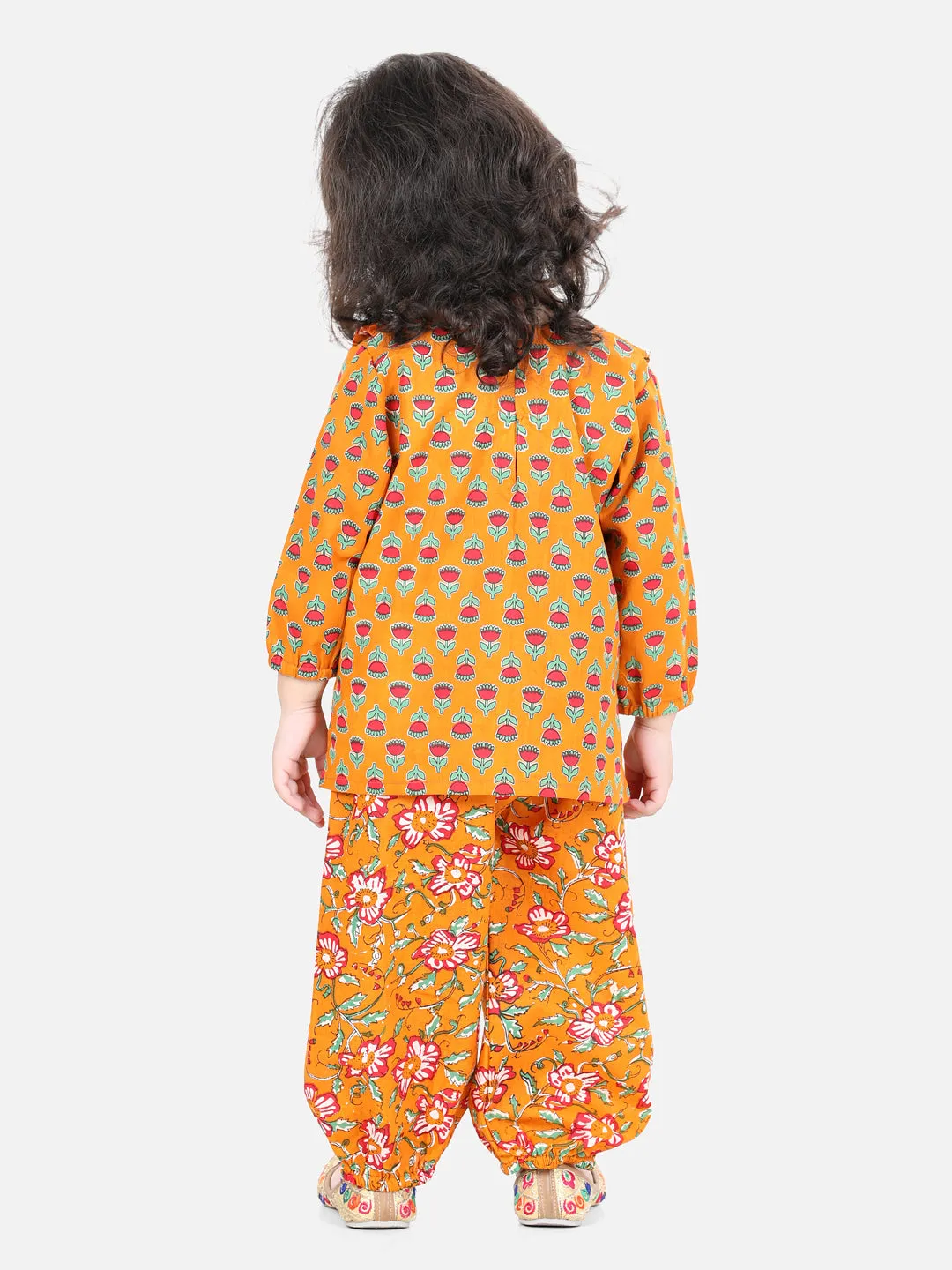 Girls Pure Cotton Printed Top Harem pant Indo Western Clothing Set - Orange