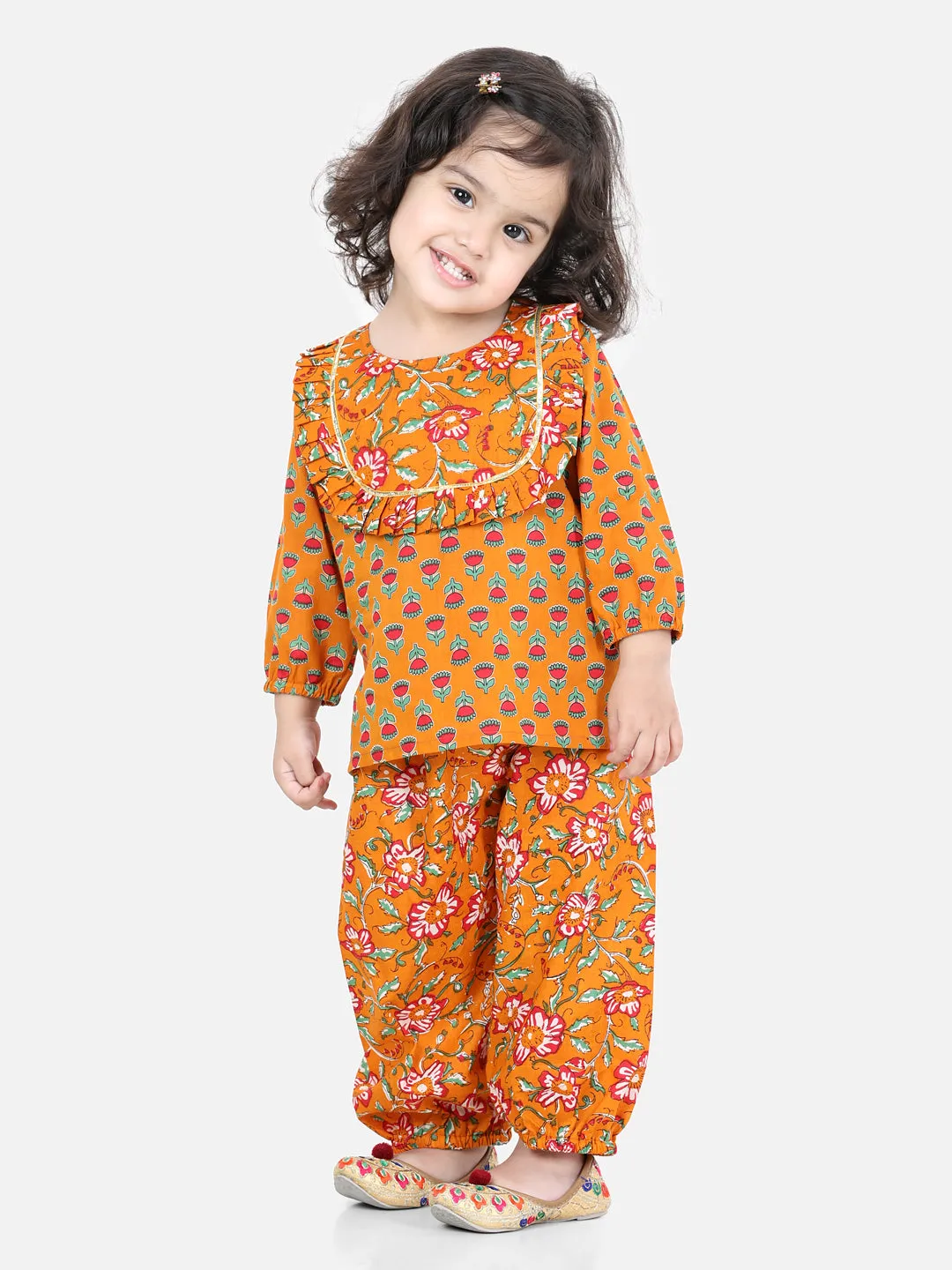 Girls Pure Cotton Printed Top Harem pant Indo Western Clothing Set - Orange