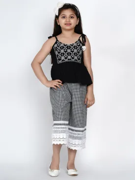 Girls White & Black Embellished Top with Trousers