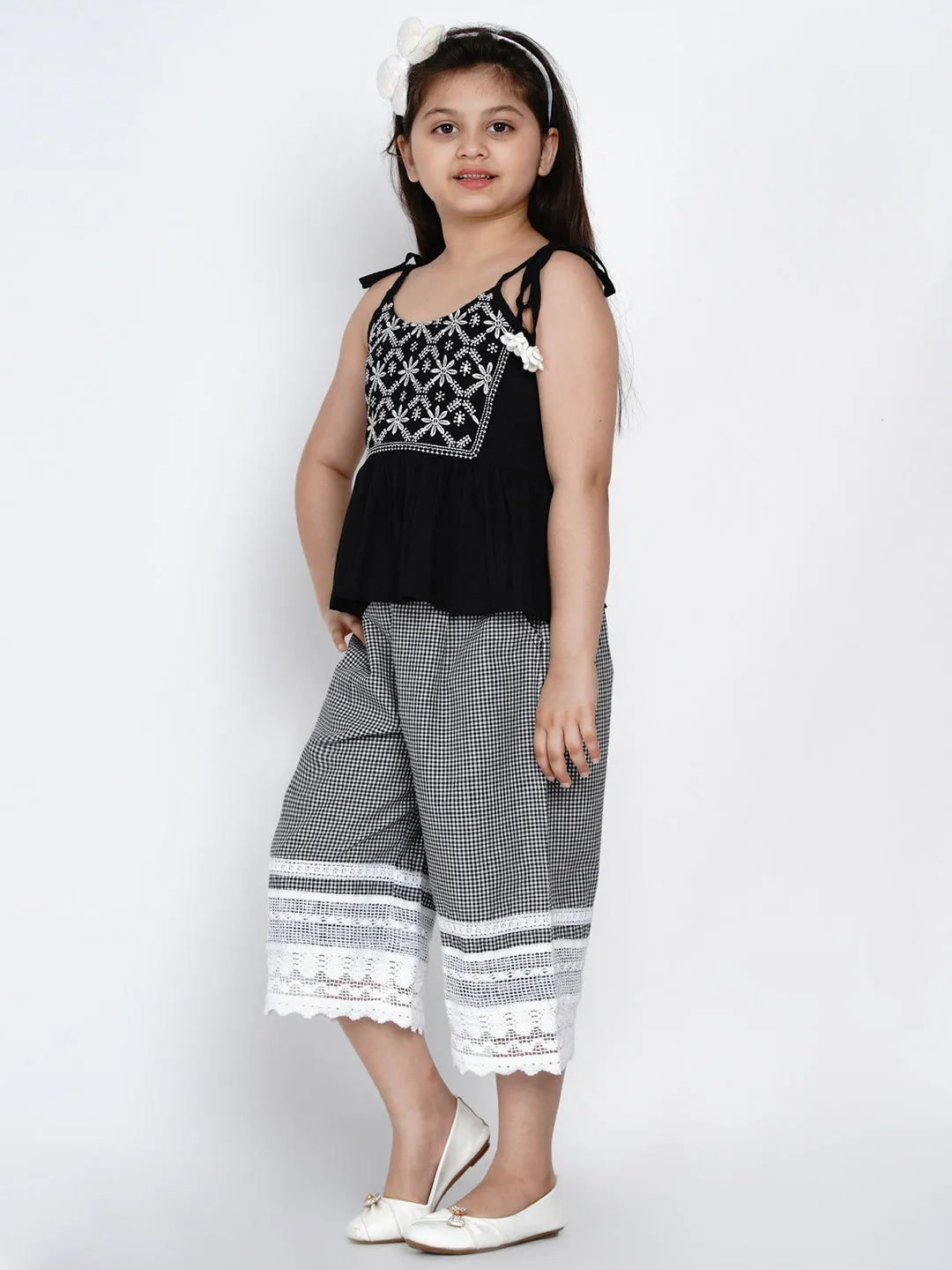 Girls White & Black Embellished Top with Trousers