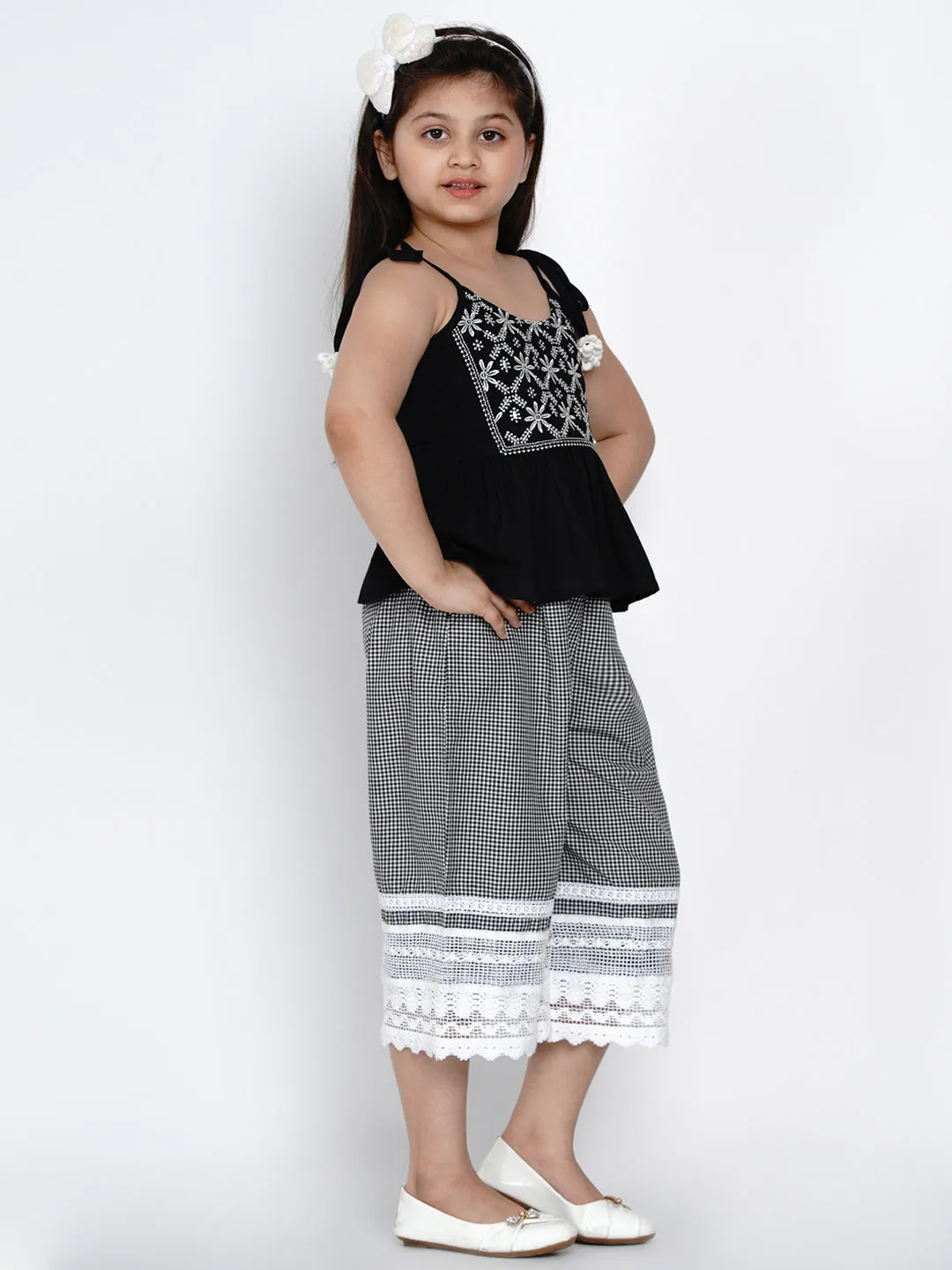 Girls White & Black Embellished Top with Trousers