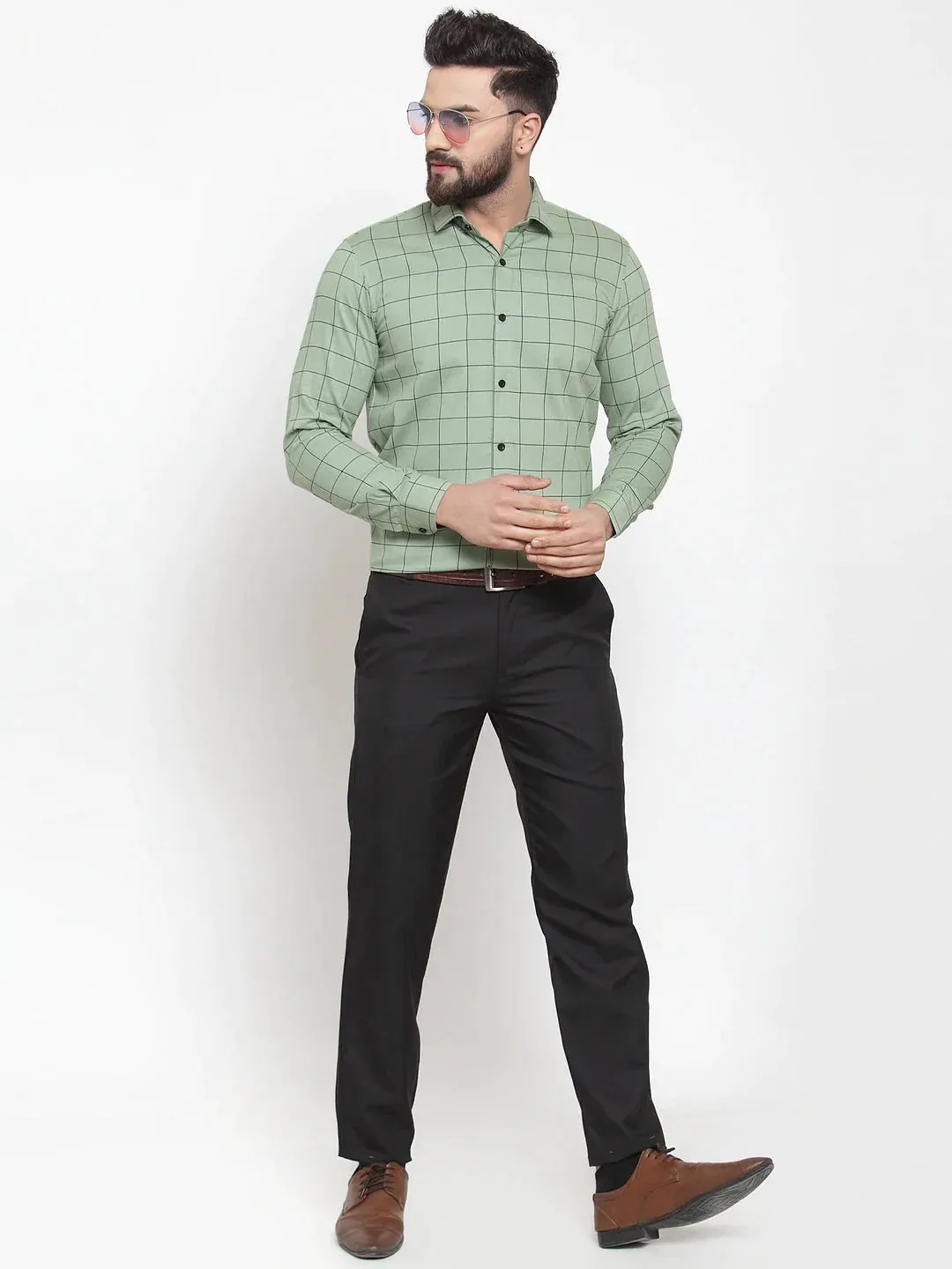 Green Men'S Cotton Checked Formal Shirts