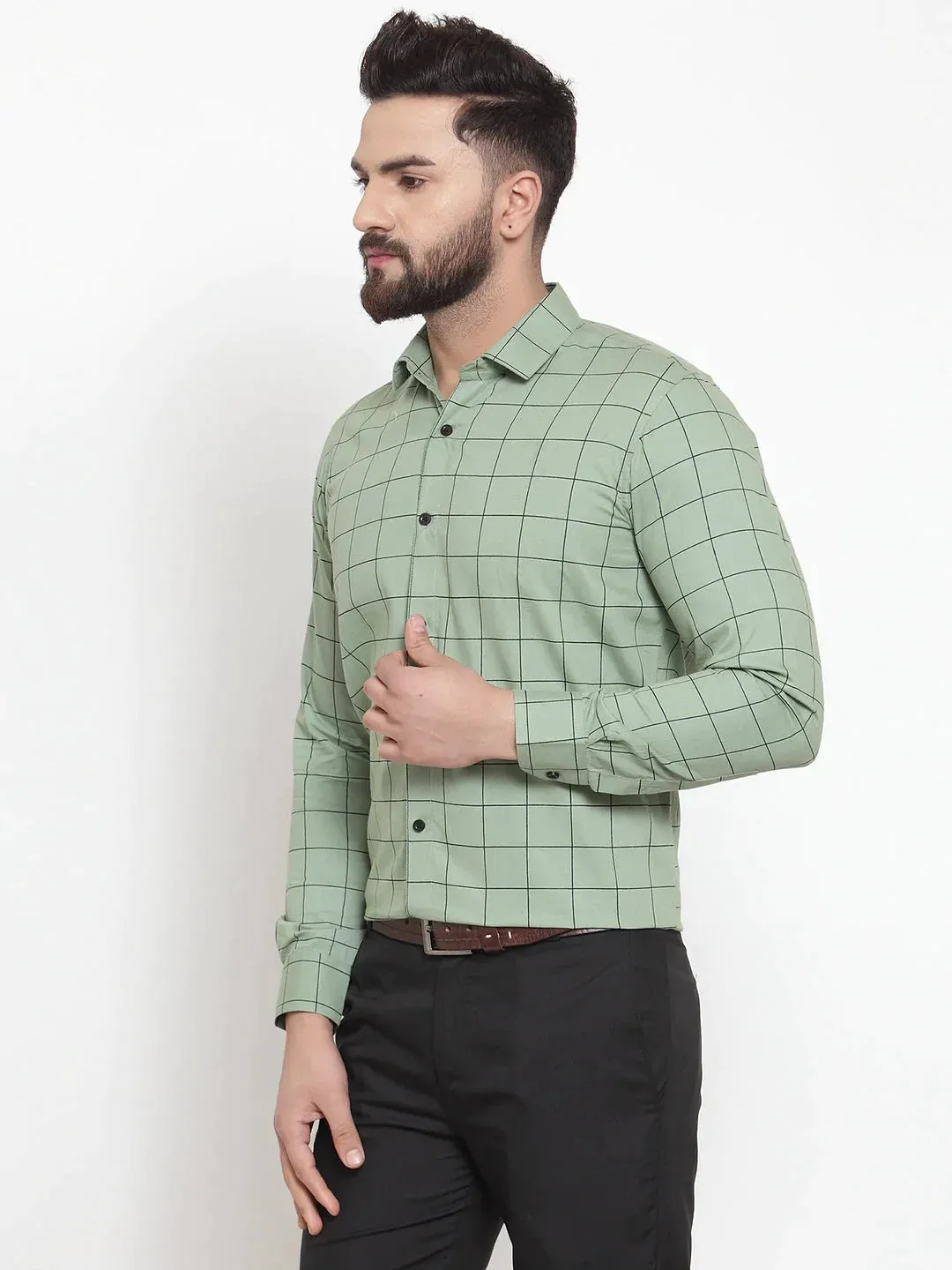 Green Men'S Cotton Checked Formal Shirts