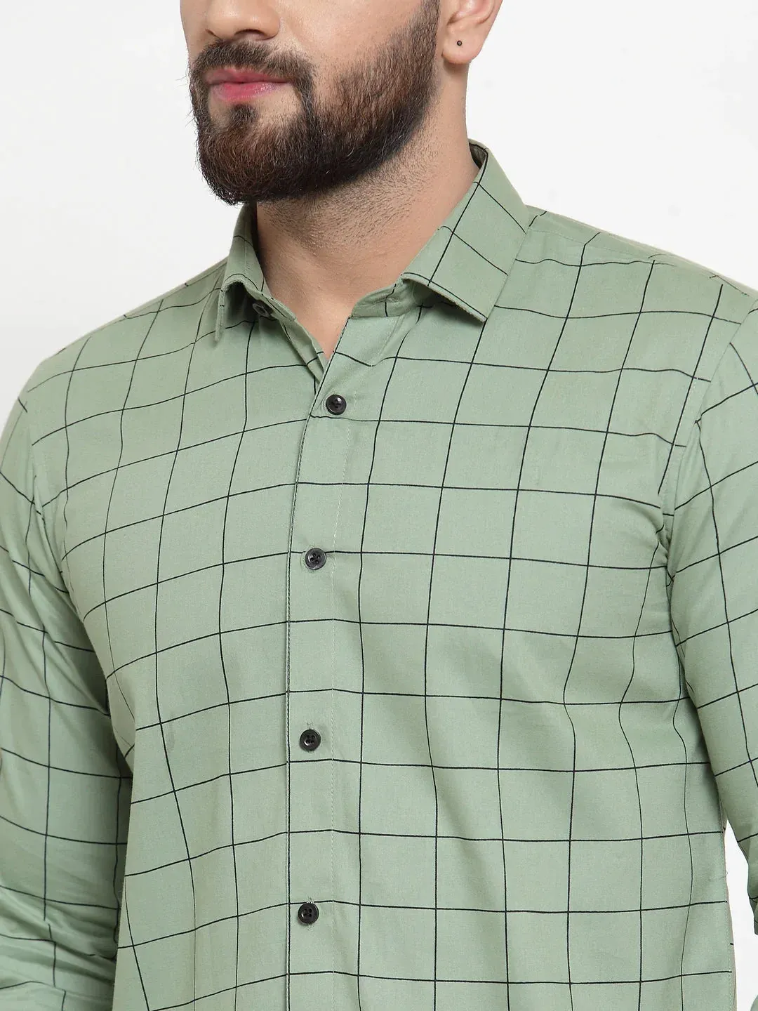 Green Men'S Cotton Checked Formal Shirts