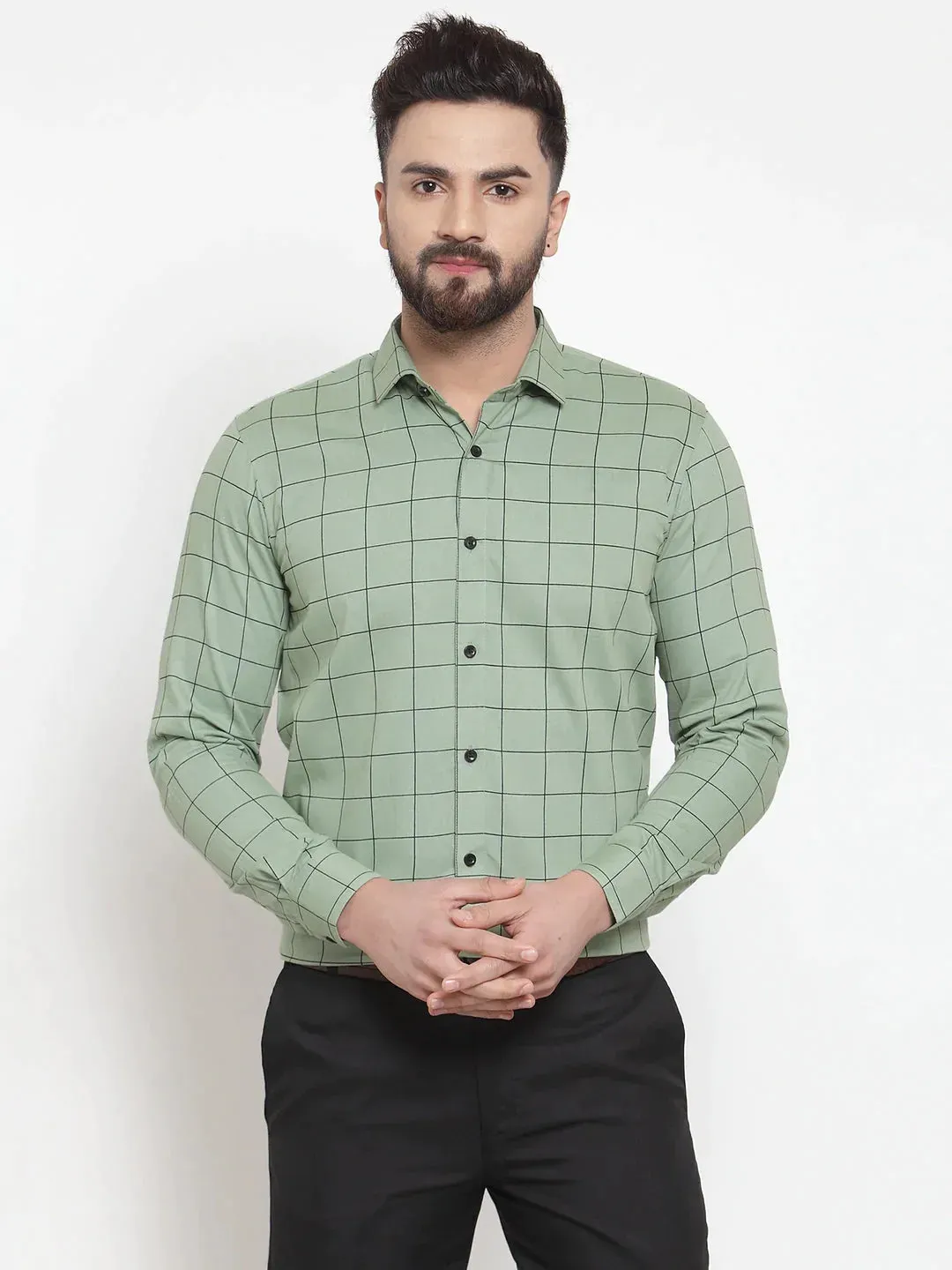 Green Men'S Cotton Checked Formal Shirts