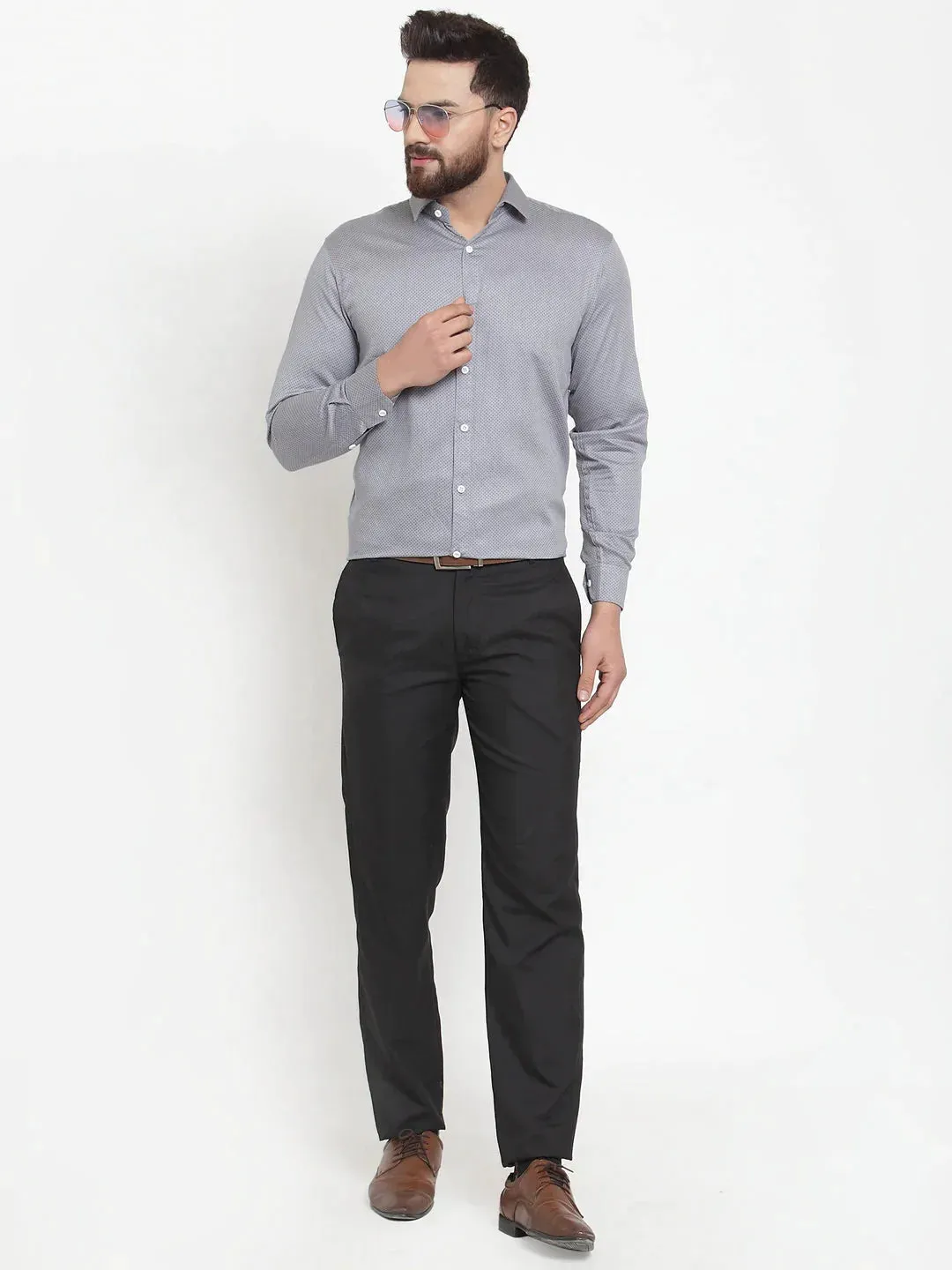 Grey Men'S Cotton Polka Dots Formal Shirts