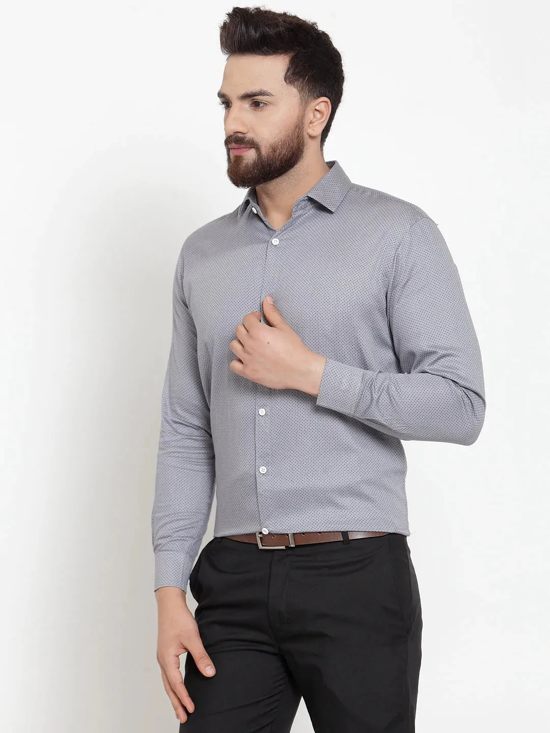 Grey Men'S Cotton Polka Dots Formal Shirts