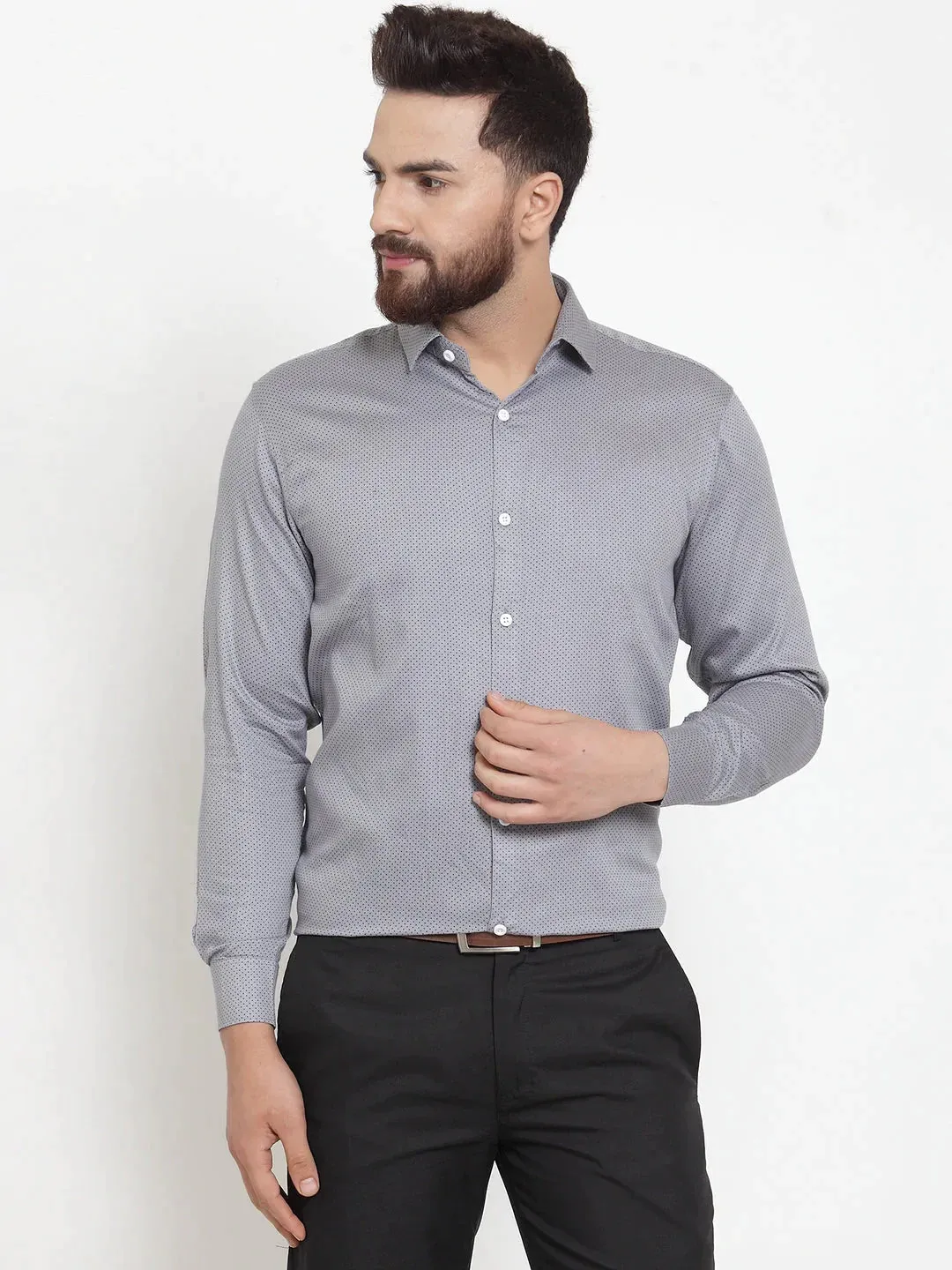 Grey Men'S Cotton Polka Dots Formal Shirts