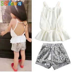 Grils Clothes 2016 Fashion Summer Style Boy Clothing Sets Condole Top   Sequins Shorts Shiny Suit  Kids Clothing Sets