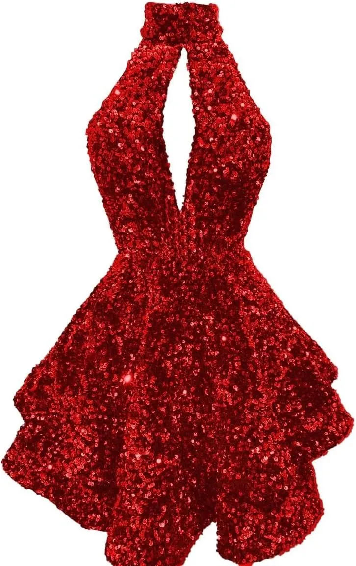 Halter Sequin Homecoming Dresses Short Sparkly Glitter Cutout Mini Backless Tight Bodycon Prom Cocktail Dresses for Women