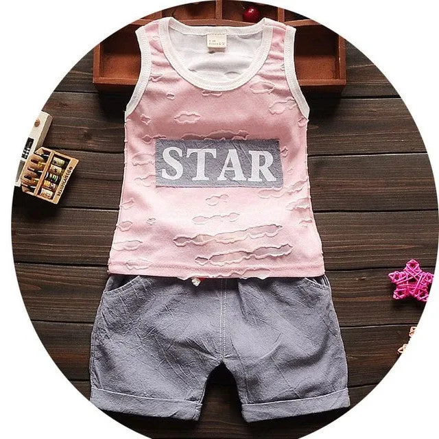 High quality baby boy clothes 2016 Summer cotton baby clothing set 2pc for 1 2 3 years old boys vest suit A021-108