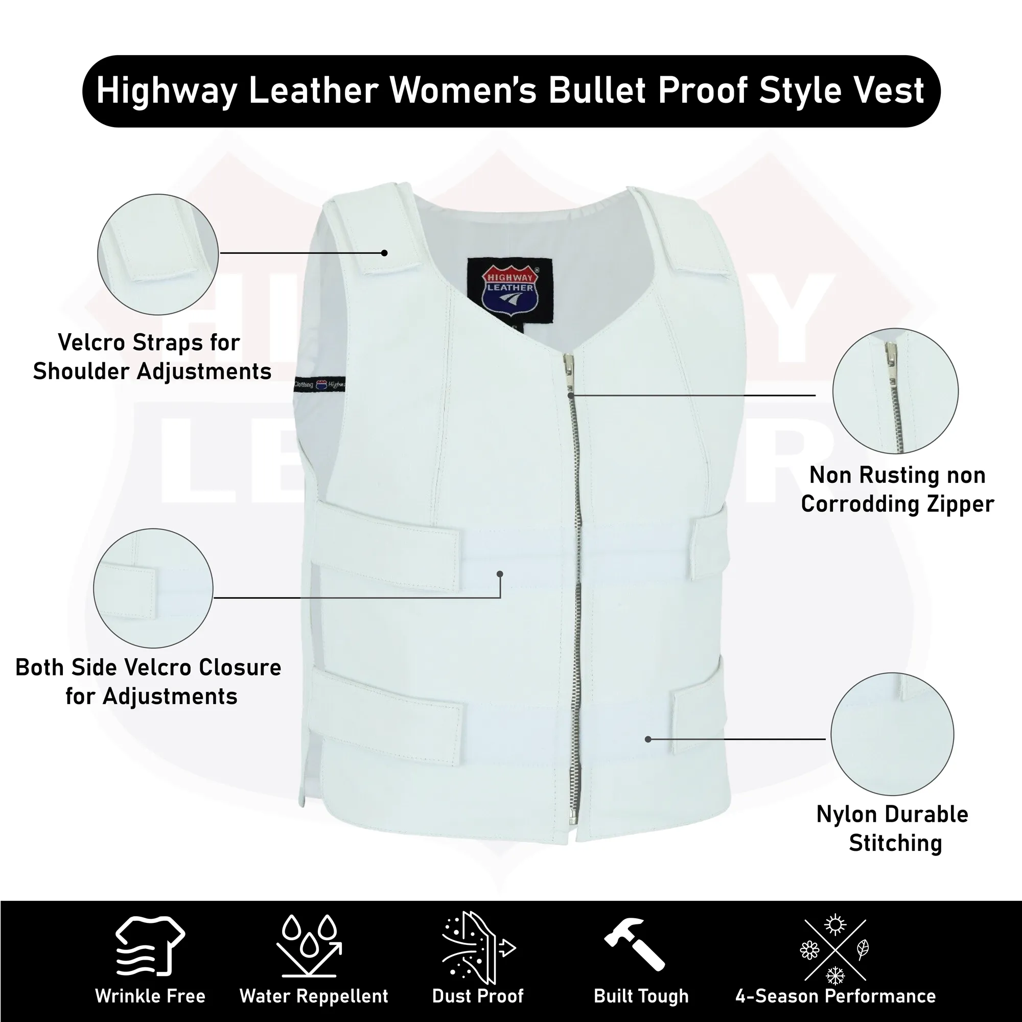 HL14945White Women White Bullet proof style leather Vest for Biker club