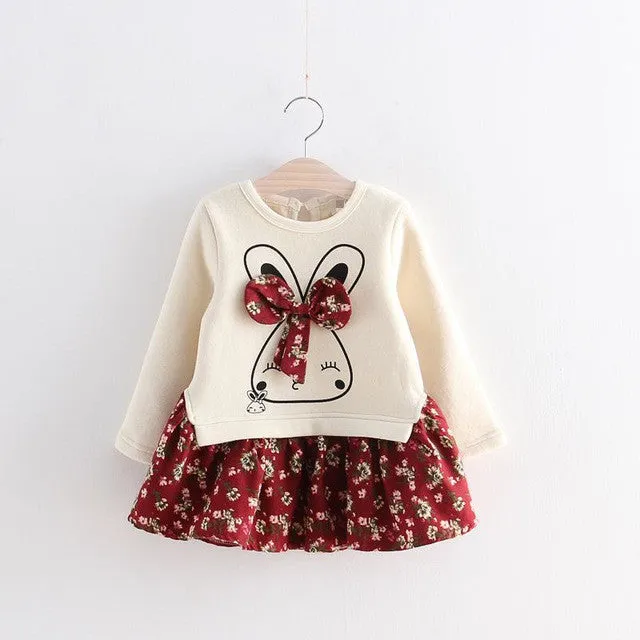 Hot Sale Cute Rabbit and Flowers Printed Girls Long Sleeve Dress 2017 Winter Autumn Baby Girl Princess Dress 2 Color YY2234