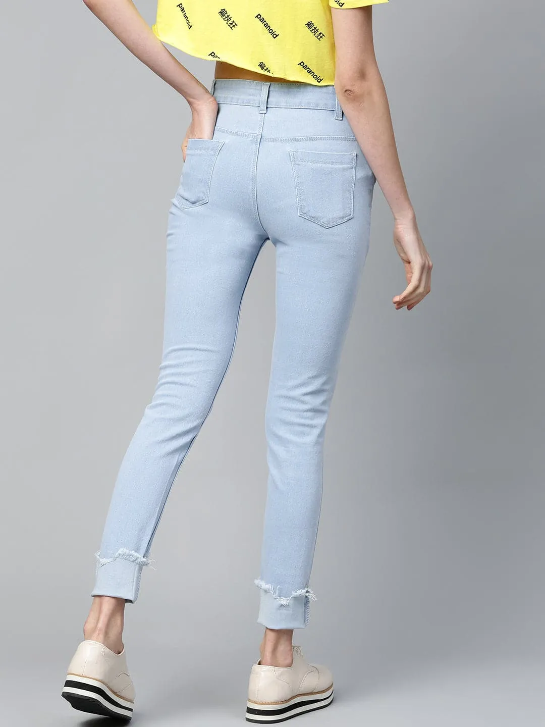 Ice Blue Uneven Raw Basic Jeans