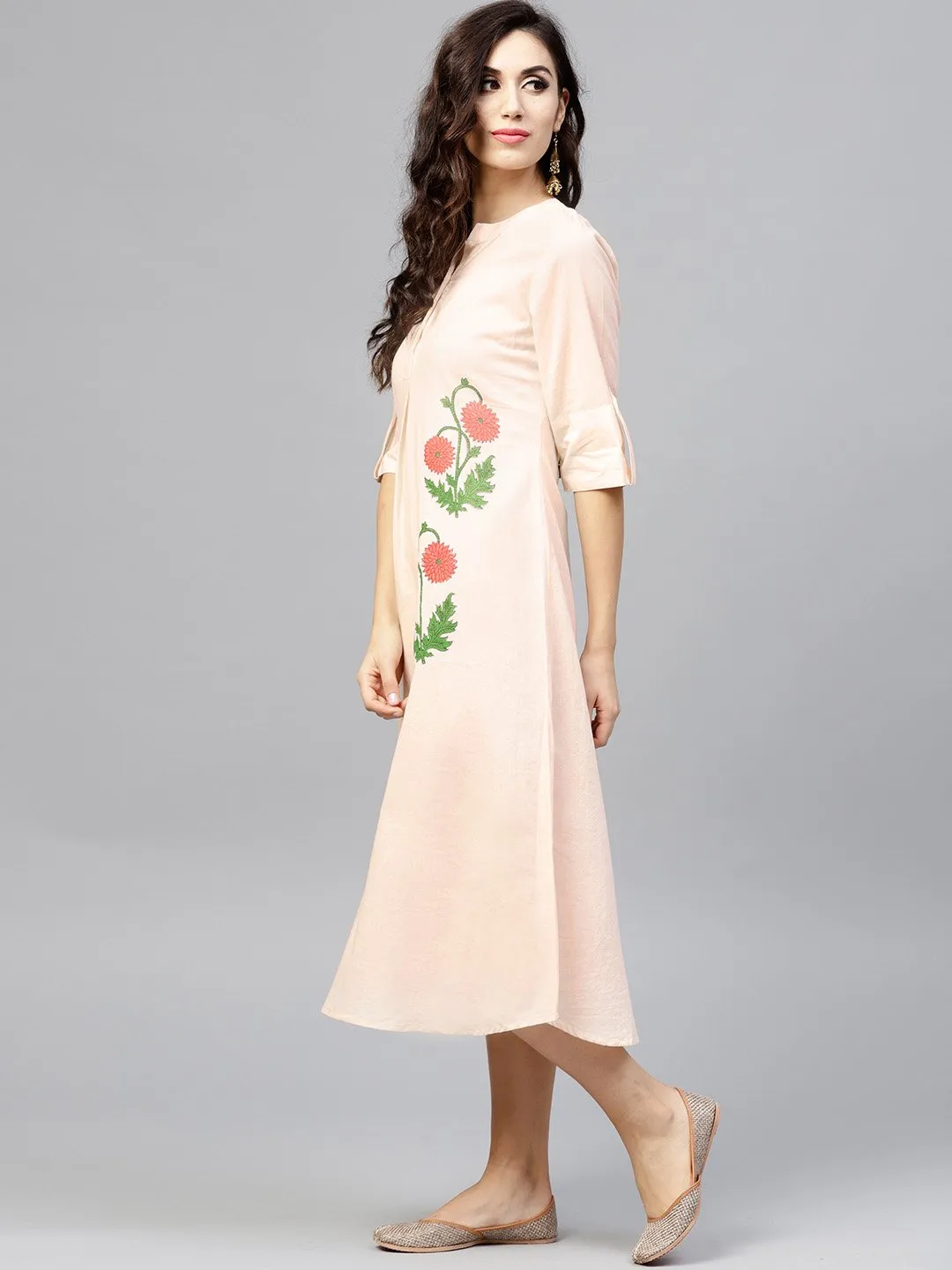 Light Peach Madarin Collar Dress With Front Placket And Half Sleeves