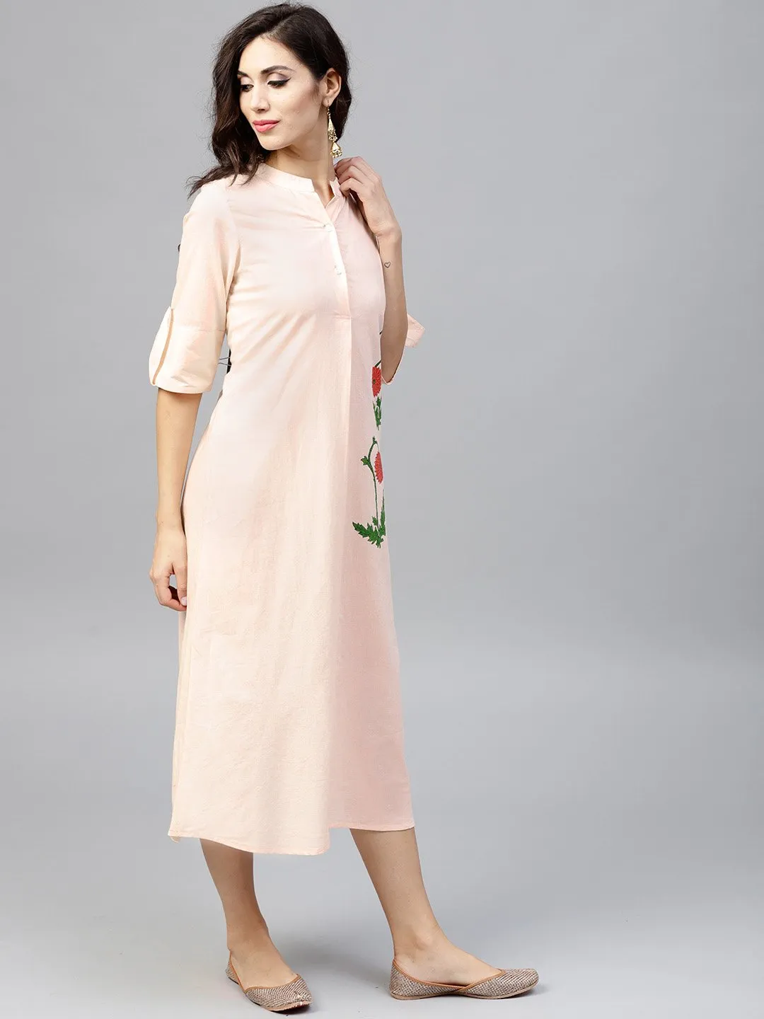 Light Peach Madarin Collar Dress With Front Placket And Half Sleeves