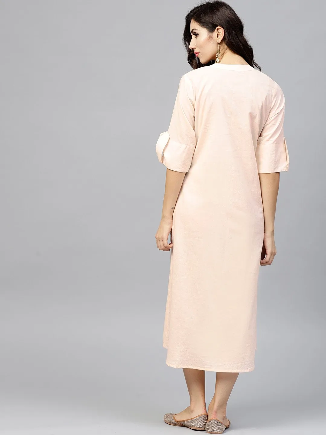 Light Peach Madarin Collar Dress With Front Placket And Half Sleeves