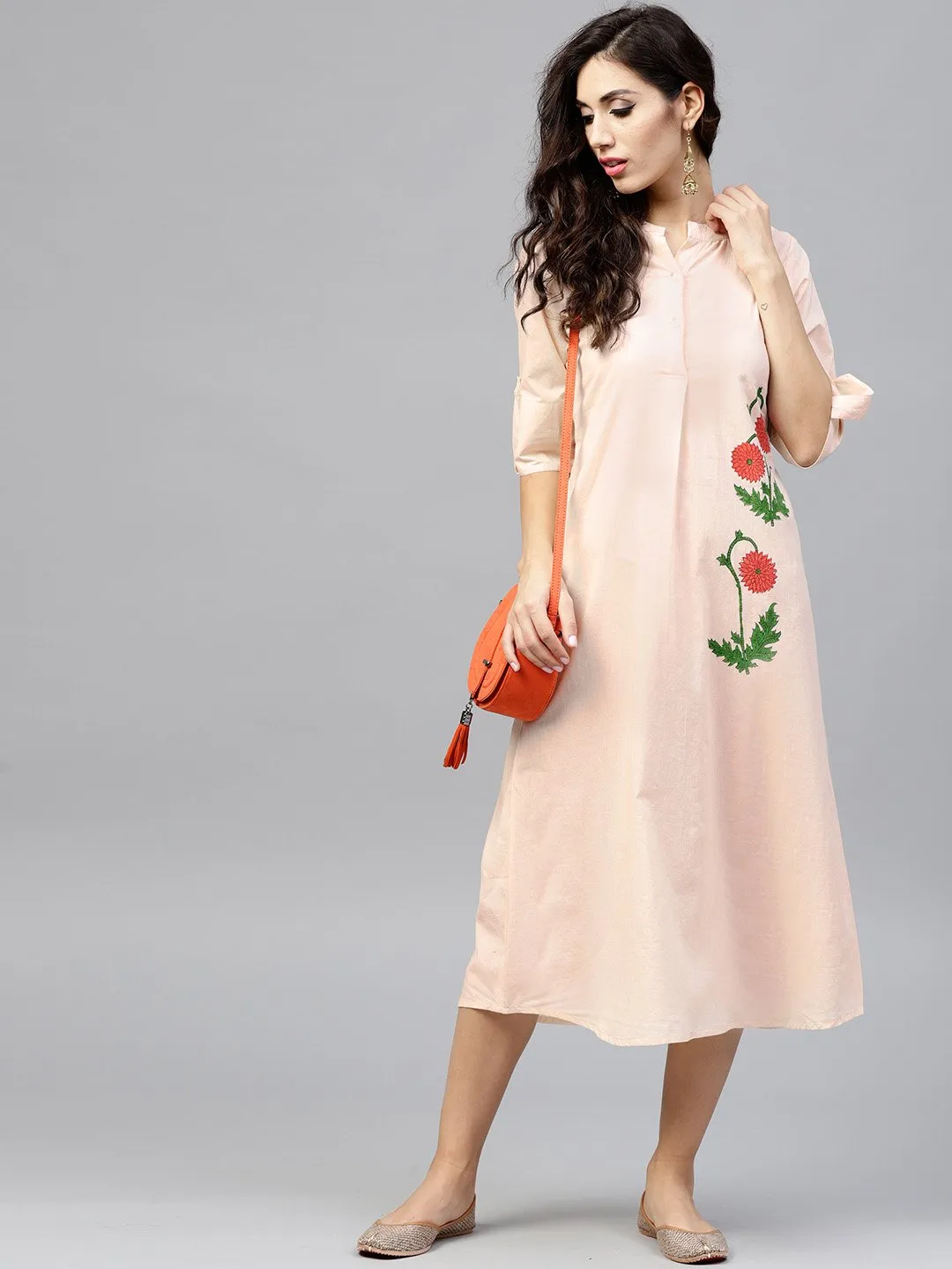 Light Peach Madarin Collar Dress With Front Placket And Half Sleeves