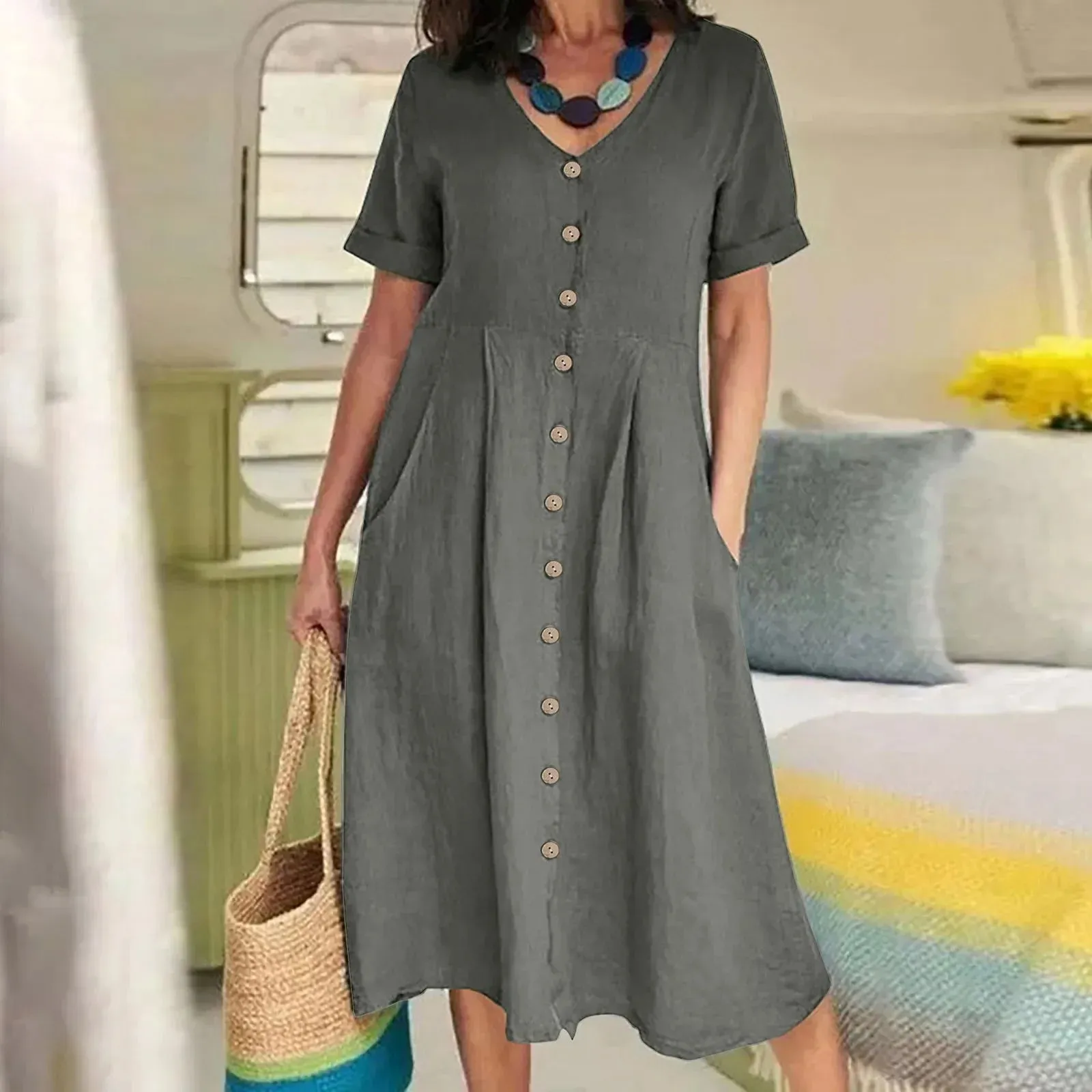 Linen Midi Elegant Short Sleeve Solid High Waist Party New Casual Cotton Dress